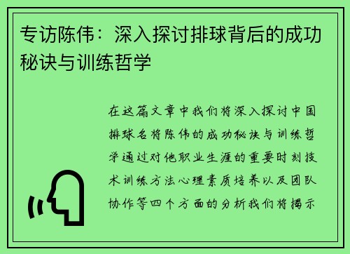 专访陈伟：深入探讨排球背后的成功秘诀与训练哲学