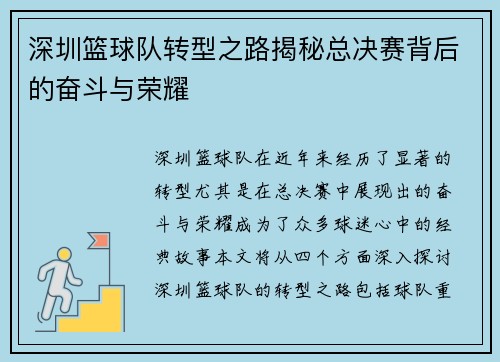 深圳篮球队转型之路揭秘总决赛背后的奋斗与荣耀