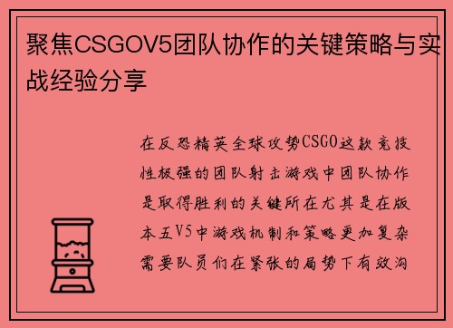 聚焦CSGOV5团队协作的关键策略与实战经验分享