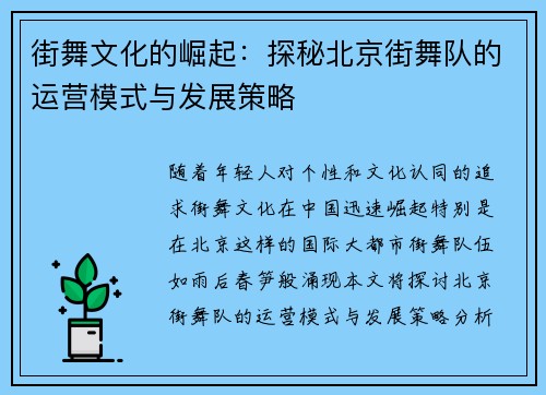街舞文化的崛起：探秘北京街舞队的运营模式与发展策略